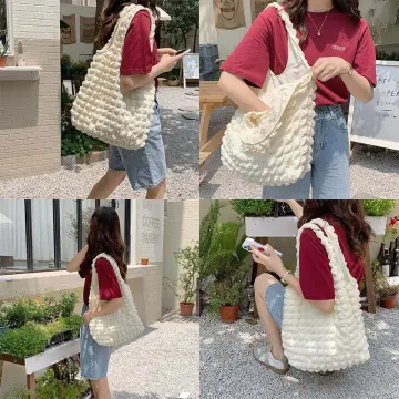 Fashion Portable Bubble Flower Tote Bag Solid Color Pleated Cloud canvas  handbag