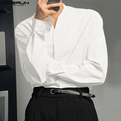 INCERUN เสื้อกระดุมคอวีสำหรับผู้ชาย,เสื้อทำงานสำนักงานเสื้อเชิ้ตลำลองทางการเสื้อเชิ้ตครึ่งบนผู้หญิง (สไตล์เกาหลี)