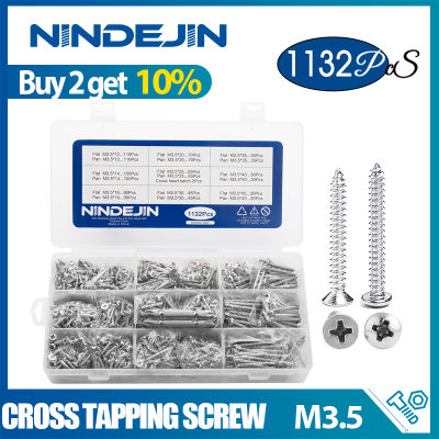 NINDEJIN ชุดสกรูเกลียวแบน1132ชิ้น,ชุดแบ่งประเภทสกรูด้วยตัวเอง304สแตนเลส M3.5