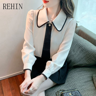 REHIN เสื้อเชิ๊ตผู้หญิงแบบผูกถอดออกได้,เสื้อเชิ๊ตผู้หญิงดีไซน์แบบมีช่องดีไซน์แบบแขนยาวผ้าชีฟองได้สำหรับฤดูใบไม้ผลิเพื่อลด