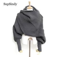 {Warm scarf}SupSindy สไตล์ยุโรปฤดูหนาวผู้หญิงผ้าพันคอยาวแขนขนสัตว์ถักผ้าพันคอสำหรับผู้หญิงหนาอบอุ่นสบายๆผ้าคลุมไหล่ที่มีคุณภาพสูง