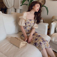 2021 summer new style r French square neck puff sleeve floral printed female long dress