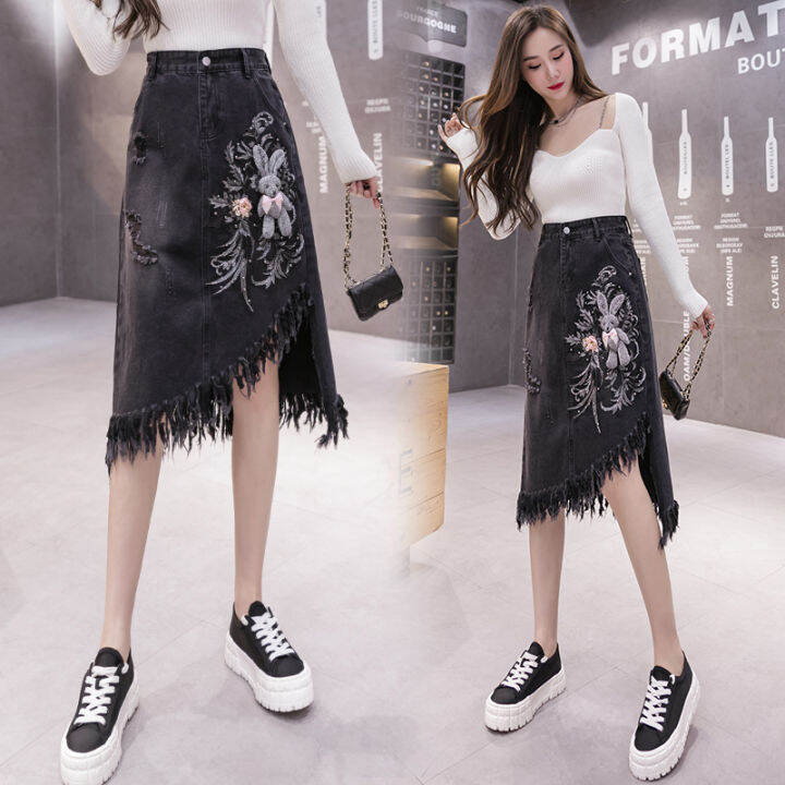 TYCOON 2021 Autumn New Denim Skirt Three-dimensional Flower Bear Black ...