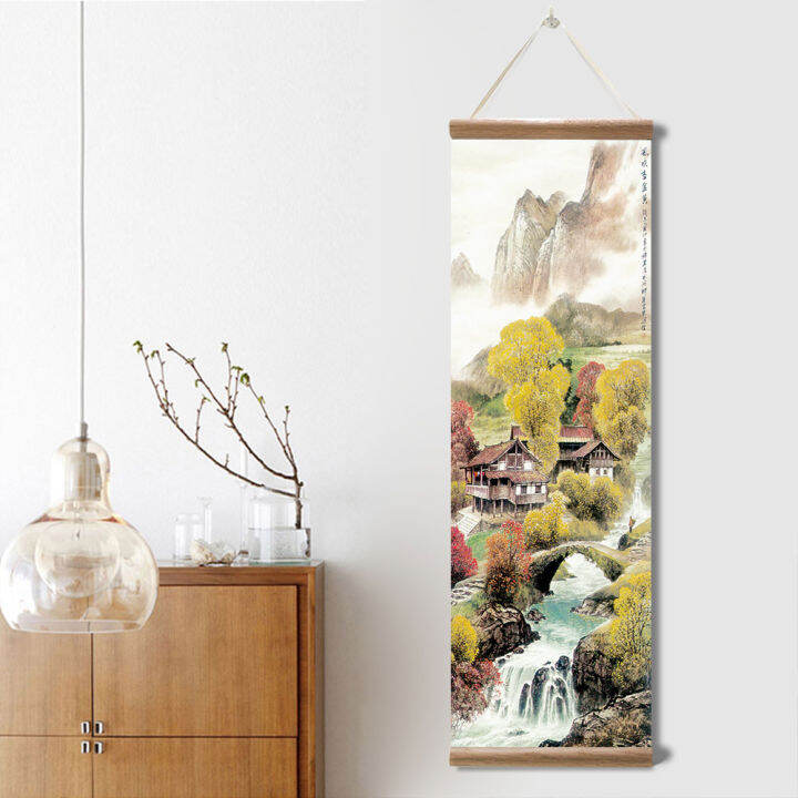 chinese-tradition-style-four-seasons-landscape-canvas-for-livingroom-wall-art-poster-wood-scroll-paintings-home-decor-with-frame