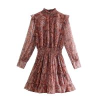 ZEVITY  New Women Vintage Agaric Lace Cashew Nuts Print Chiffon Dress Female Chic Long Sleeve Elastic Waist Vestidos DS9076