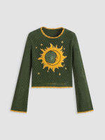 Cider Knit Sun &amp; Moon Graphic Contrasting Binding Hollow Out Long Sleeve Top