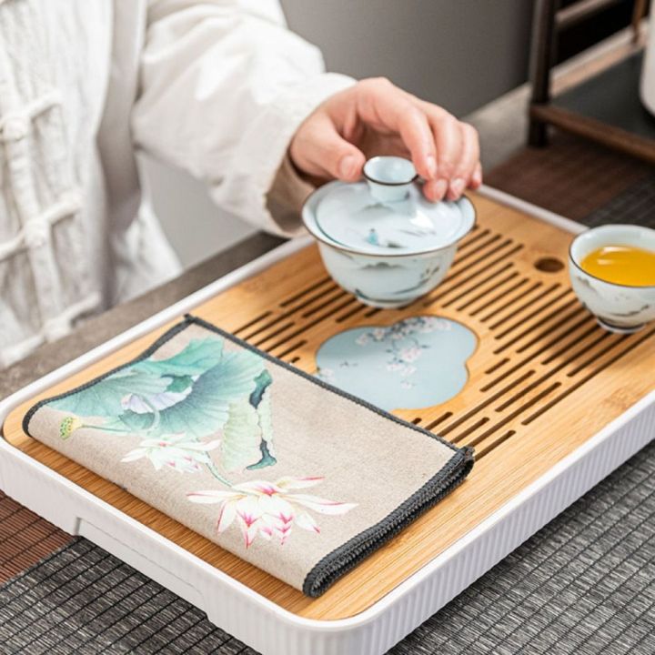 dream-ผ้าเช็ดตัวอุปกรณ์ชาเนื้อกวางเนื้อหนาสำหรับห้องครัวทาสีสไตล์จีนแผ่นชาแผ่นรองจาน