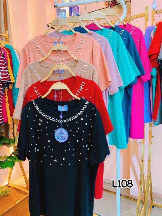 lo-เสื้อยืดยูนิโคล่-ปักหมุดดาวแขนสั้นอก-38-48ก่อนยืด40-ไซส์ใหญ่นะแม่