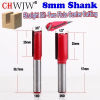 1pc 8mm Shank บิตตรงคุณภาพสูง－สองขลุ่ยศูนย์ตัดเราเตอร์บิต 3/8－,1/2－dia การทําความสะอาดที่กันจอนปลายดอกตรง