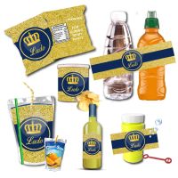 Custom Gold Crown Navy Blue Boys Birthday Water Bottle Wine Labels Capri Sun Stickers Candy Bag Box Wrapper Birthday Party Decor