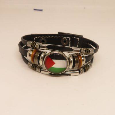 Palestine Bracelet Charm Handmade Palestine Flag Symbol Pattern Glass Beads Leather Bracelets &amp; Bangles For Men Women Jewelry Electrical Connectors