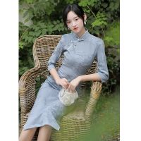 【Available】Autumn Blue Grey Suede Cheongsam Long Sleeve Print Vintage Dress Women Slim-Fit Costumes Elegant Qipao S To XXL