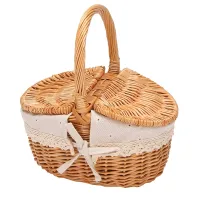 Handmade Wicker Basket with Handle, Wicker Camping Picnic Basket with Double Lids, Shopping Storage Hamper Basket with Cloth Lining