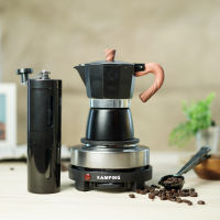 KAMPING (4 ชิ้น/ดำ)หม้อต้มกาแฟสด มอคค่าพอท moka pot + เตาไฟฟ้ามินิ 500W + เครื่องบดมือหมุน + 2-1 ช้อนตักกาแฟ