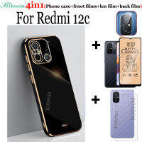 4IN1For Redmi เคส12C แฟชั่นเคสฝาหลังซิลิโคนเนื้อนิ่มเคลือบเงามันวาวเคสโทรศัพท์สำหรับ12C Xiaomi Redmi เต็มหน้าจอพร้อมรูเจาะฝาครอบเต็มรูปแบบชนิดเคลือบเพื่อความอ่อนโยนเคสโทรศัพท์แบบกระจกนิรภัยด้าน + ฟิล์มหลังคาร์บอนไฟเบอร์ + ฟิล์มป้องกันเลนส์กล้องถ่ายรูป