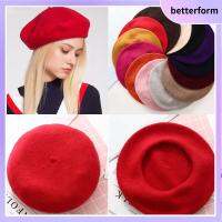 BETTERFORM สีทึบ Baggy หมวก หมวกเบเร่ต์ฤดูใบไม้ร่วง หมวกเบเร่ต์สักหลาด หมวกแก๊ปแบน หมวกเบเร่ต์ผ้าวูล