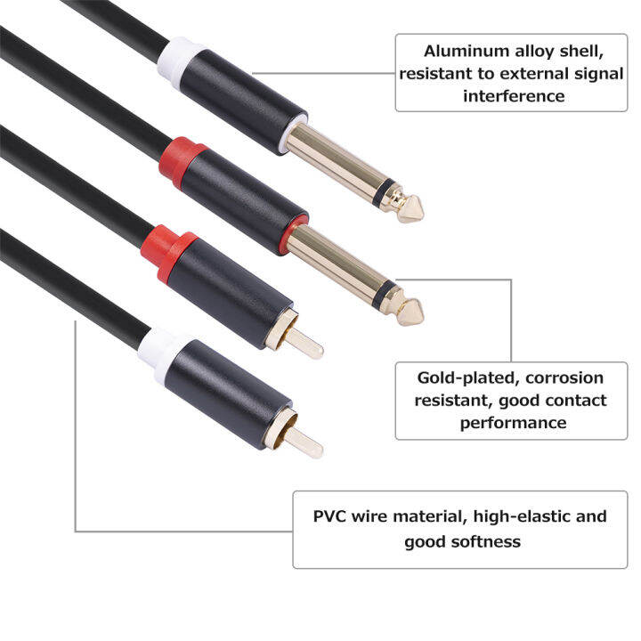 dual-1-4-ts-to-dual-rca-สายเคเบิลเชื่อมต่อสัญญาณเสียง2-6-35มม-ชาย-ts-ถึง2อะแดปเตอร์-rca-ตัวผู้สายไฟปลั๊กชุบทอง-ปลอกอลูมิเนียมอัลลอย5ft