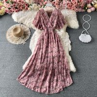 Fashion V Neck Floral Dress for Women Summer R Chiffon Fairy Maxi Dresses