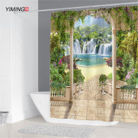 Bathroom decoration shower curtain retro castle fountain landscape printing curtain home decoration curtain with hook