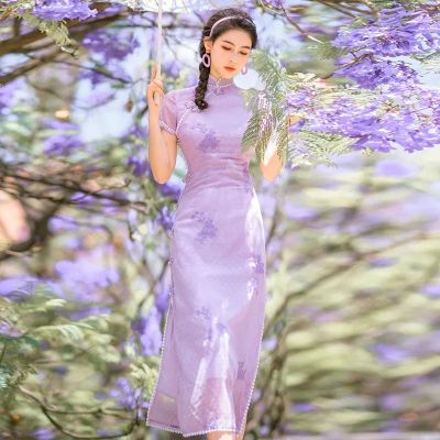 【พร้อมใช้งาน】 Cheongsam ฝรั่งเศสล่าสุดของฤดูร้อนปรับปรุง Qipao สีม่วงชุดนางฟ้าสไตล์ชาติพันธุ์จีน