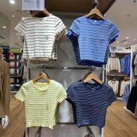 UNIQLO เสื้อยืดแขนสั้นสำหรับผู้หญิง,ขอบเห็ดลายทางคอตตอนเอวสูง Y458265/458291