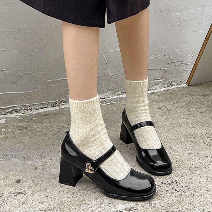 รองเท้าส้นสูงสำหรับผู้หญิง-2023รองเท้าแมรี่ฮาเนสโลลิต้ารองเท้าแฟชั่นหนัง-pu-ของผู้หญิงลำลองสีดำ