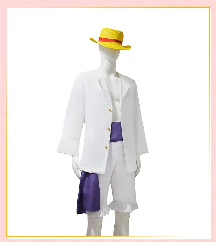 DAZCOS Luffy Gear 5 Cosplay Costume Nika Form Outfit Anime Monkey D Luffy  Cosplay 3 Piece Full Set White Shirt Pants Sash Wigs