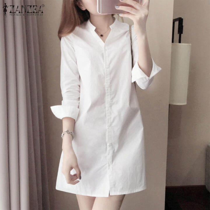 Zanzea Korean Style Womens Elegant V Neck Full Sleeve Shirtdress Ol Work Plain Dresses 10 6315