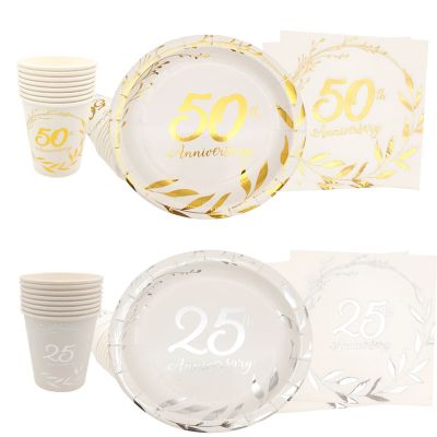 25/50th Anniversary Hot Stamping Tissue Paper Plate Cup Adult Happy Birthday Party Decor Gold Silver Wedding Anniversary Decor