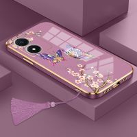 Casing for  vivo y02s y22 y22s Phone Case Plating Silicone Beauty Butterfly And Plum blossom  Phone Case With Tassel Lanyard