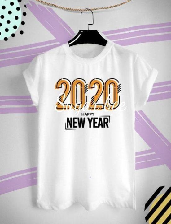 เสื้อยืดลาย สวัสดีปีใหม่ Happy New Year 2020 ปีหนู 2563 สีสันสดใส มีสีขาวกับเทา ใส่สบาย ไม่ยืด ไม่ย้วย