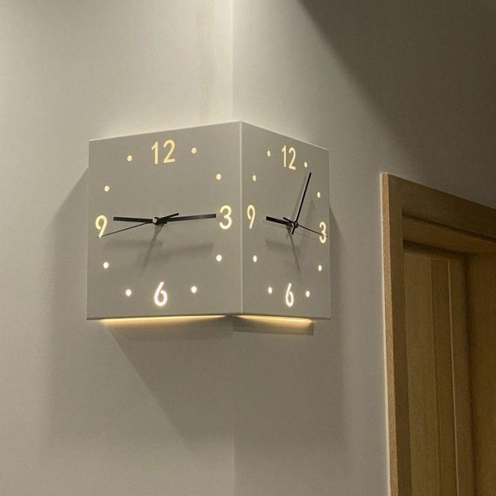 นาฬิกามุมลม-ins-นาฬิกาแขวนผนังสองด้านห้องนั่งเล่นสร้างสรรค์นาฬิกาแขวนผนังสองด้านแฟชั่นไม่เจาะง่ายทันสมัยภายนอกมุม-clockpengluomaoyi
