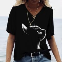 Vintage V-neck Women T-Shirt Cat Graphic Print Tops 5xl 2022 Summer Oversized Harukufemale T-shirt Clothes Animal Casual Tops