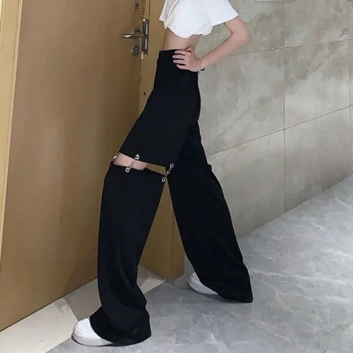 สีดำขากว้างกางเกงคาร์โก้ผู้หญิงกลวงออก-streetwear-กางเกงเอวยางยืดเย็บปะติดปะต่อกันแฟชั่นเกาหลีฤดูร้อน