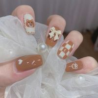 Coffee Bear Love Plaid Nail Art Patch Wearing A Fake Nail Manicure American Nail Gel Complete Kit Press on Nails White and Brown
