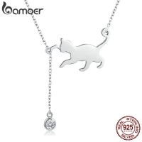 BAMOER S925 Sterling Silver Cat Necklace Cute Silver Cat Pendant Collarbone Necklace For Women SCN232 3 Colors