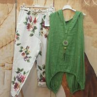 【DT】hot！ 2 Pcs Pants Set Color V Neck Sleeveless Hooded Top Floral Pattern Trousers