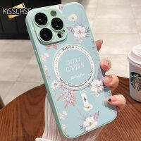 KISSCASE เคสโทรศัพท์หนัง Magsafe ลายดอกไม้หรูหราสำหรับ iPhone 14 13 12 11 Pro Max 14 Plus ชาร์จไร้สายแบบแข็งปกป้องเต็มรูปแบบกันกระแทกฝาครอบด้านหลังสำหรับ Iphone 14 13 12