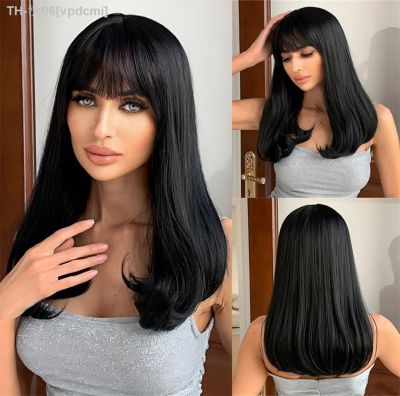 Middle Length Black Straight Synthetic Wig Natural Looking Black Hair Wigs with Bangs Heat Resistant Hair for Women Daily Party [ Hot sell ] vpdcmi