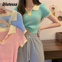 Dilutessa เสื้อเชิ้ตโปโลสตรีเสื้อยืดสีลูกอมสไตล์แขนสั้นเกาหลี