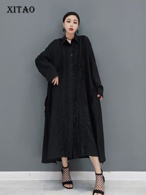 XITAO Dress Loose Casual  Women Solid Black Shirt Dress