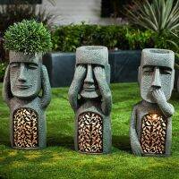 No SeeHearSpeak Evil Garden Easter Island Statue Flower Pot with LED Light Sculpture Planter Outdoor Decoration