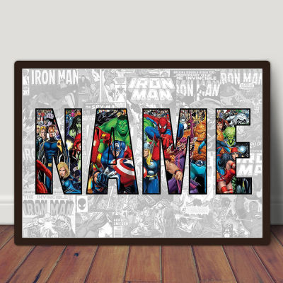 ส่วนบุคคลชื่อ Word Art พิมพ์ Marvel Superhero ตัวอักษรโปสเตอร์ Avenger ภาพวาดผ้าใบ Wall Art ปรับแต่งของขวัญตกแต่งบ้าน