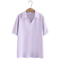 【มีไซส์ใหญ่】Plus Size Womens XL-4XL Short Sleeve Purple Black Summer Shirts Ladies V-neck Office-wear A-line Tops Large Size Female Top