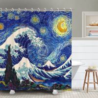 Artistic Navy Blue The Great Wave Shower Curtain Japanese Asian Kanagawa Anime Painting Decor Waterproof Bathroom Curtains Sets