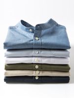 Thin cotton and linen stand-up collar short-sleeved shirt plus size youth trendy solid color mens round collar linen and cotton half-sleeved casual shirt 【SSY】