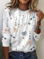 xixibeauty Floral Print Crew Neck T-Shirt, Casual Long Sleeve T-Shirt For Spring &amp; Fall, Womens Clothing