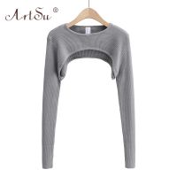 ArtSu Streetwear Autumn Long Sleeve Knitwear Women Solid O-Neck Slim Cut Out Crop Top Short T-Shirts Female Sexy Casual Tops