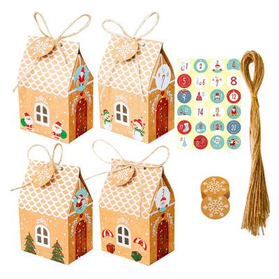 24 Sets Christmas House Gift Box Kraft Paper Cookies Candy Bag Snowflake Tags 1-24 Advent Calendar Stickers Jute Rope