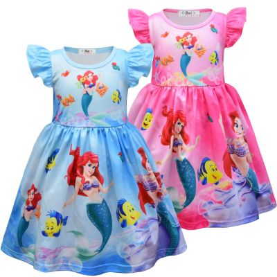 Disney Princess Childrens Mermaid Skirt Girl Flying Sleeve Skirt Cute Girl Dress Birthday Party Gift For Children Kids Clothes
